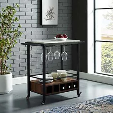 Walker Edison Marble and Wood Bar Serving Cart with Wheels Wine Glass and Bottle Kitchen Storage, 34 Inch, Marble