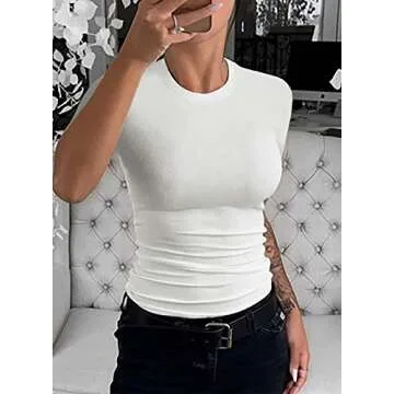 Womens Crewneck Short Sleeve Ribbed T-Shirt Slim Fit Tops Solid Basic Tee White