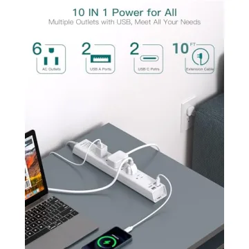 10 Ft Extension Cord 6 Outlets 4 USB Ports Surge Protector