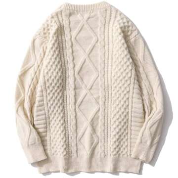 Women Cable Knit Vintage Chunky Sweater Loose Casual Knitted Sweater Unisex Woven Crewneck Knitted Top Cream