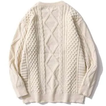 Women Cable Knit Vintage Chunky Sweater Loose Casual Knitted Sweater Unisex Woven Crewneck Knitted Top Cream