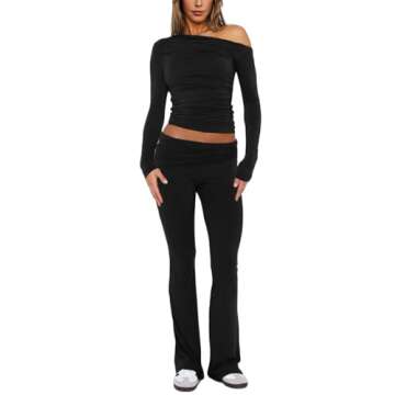 MAYFASEY Women's 2 Piece Lounge Sets Fold-over Yoga Flare Leggings Pants Set Long Sleeve Cropped Top Casual Outfit Pajamas Black M