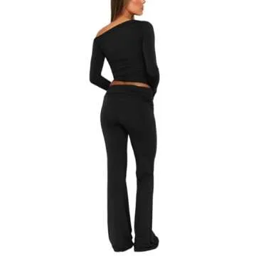MAYFASEY Women's 2 Piece Lounge Sets Fold-over Yoga Flare Leggings Pants Set Long Sleeve Cropped Top Casual Outfit Pajamas Black M
