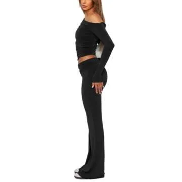 MAYFASEY Women's 2 Piece Lounge Sets Fold-over Yoga Flare Leggings Pants Set Long Sleeve Cropped Top Casual Outfit Pajamas Black M