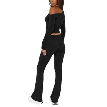 MAYFASEY Women's 2 Piece Lounge Sets Fold-over Yoga Flare Leggings Pants Set Long Sleeve Cropped Top Casual Outfit Pajamas Black M