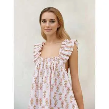 Sotimoon Womens Ruffle Nightgown Cotton Sleeveless Nightdress Soft Printed Night gown with Pockets