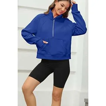 Womens Sweatshirts Half Zipper Crop Pullover Funnel Neck Fleece Lined Zip Up Long Sleeve Tops Thumb Hole Blue