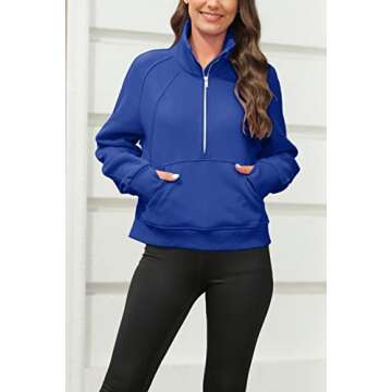 Womens Sweatshirts Half Zipper Crop Pullover Funnel Neck Fleece Lined Zip Up Long Sleeve Tops Thumb Hole Blue