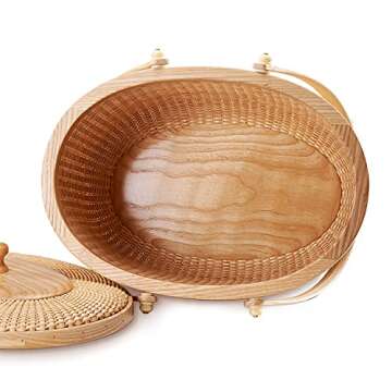 Teng Jin Nantucket Sewing Basket Purse, Containers with Dual Wood Handles .Cane-on-Cane Weave Cane Basket Craft Basket, with lid Basket with Handle