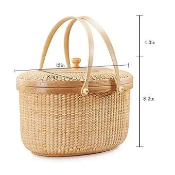 Teng Jin Nantucket Sewing Basket Purse, Containers with Dual Wood Handles .Cane-on-Cane Weave Cane Basket Craft Basket, with lid Basket with Handle