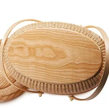 Teng Jin Nantucket Sewing Basket Purse, Containers with Dual Wood Handles .Cane-on-Cane Weave Cane Basket Craft Basket, with lid Basket with Handle