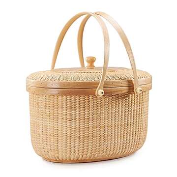 Teng Jin Nantucket Sewing Basket Purse, Containers with Dual Wood Handles .Cane-on-Cane Weave Cane Basket Craft Basket, with lid Basket with Handle