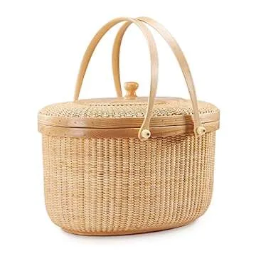 Teng Jin Nantucket Sewing Basket Purse, Containers with Dual Wood Handles .Cane-on-Cane Weave Cane Basket Craft Basket, with lid Basket with Handle