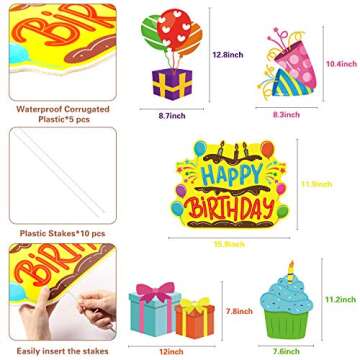 WATINC Set of 5 Happy Birthday Yard Signs with Plastic Stakes Birthday Cake Cupcake Balloon Gift Box...