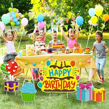 WATINC Set of 5 Happy Birthday Yard Signs with Plastic Stakes Birthday Cake Cupcake Balloon Gift Box Waterproof Lawn Sign Large Single Sided Outdoor for Colorful Birthday Party Decorations