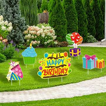 WATINC Set of 5 Happy Birthday Yard Signs with Plastic Stakes Birthday Cake Cupcake Balloon Gift Box Waterproof Lawn Sign Large Single Sided Outdoor for Colorful Birthday Party Decorations