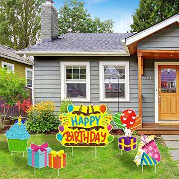 WATINC Set of 5 Happy Birthday Yard Signs with Plastic Stakes Birthday Cake Cupcake Balloon Gift Box Waterproof Lawn Sign Large Single Sided Outdoor for Colorful Birthday Party Decorations
