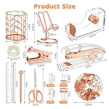 Rose Gold Office Supplies Set 11PCS - Stylish Desk Accessories Ideal for Students