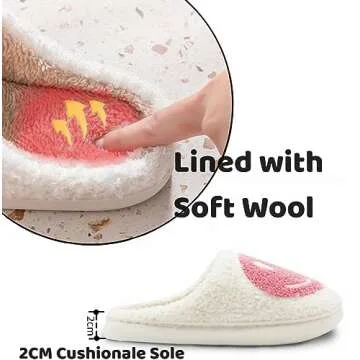LINWIND Fuzzy Slippers for Women Men, Cute Retro Fluffy Happy Face House Slippers, Plush Memory Foam Slippers for Women Indoor and Outdoor Cozy Trendy Slip-On Shoes, Pink, 6.5-7.5 Women/6-7 Men