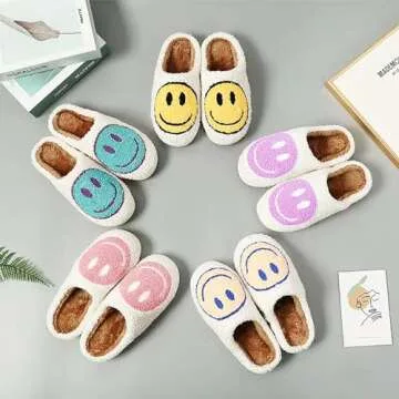 LINWIND Fuzzy Slippers for Women Men, Cute Retro Fluffy Happy Face House Slippers, Plush Memory Foam Slippers for Women Indoor and Outdoor Cozy Trendy Slip-On Shoes, Pink, 6.5-7.5 Women/6-7 Men