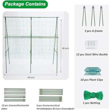 KASZOO 48”x 48” Foldable Garden Cucumber Trellis, A-Frame Plant Grow Support Set, A-Frame Metal Trellis with Garden Netting and Clip, Climbing Trellis for Climbing Plant Fruits/Flowers/Vegetables