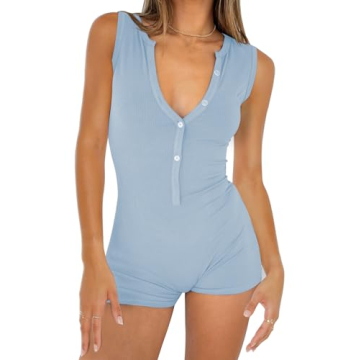 CHYRII Womens V Neck Jumpsuits Yoga Workout Bodycon Rompers Sleeveless Shorts Bodysuit One Piece Uni...