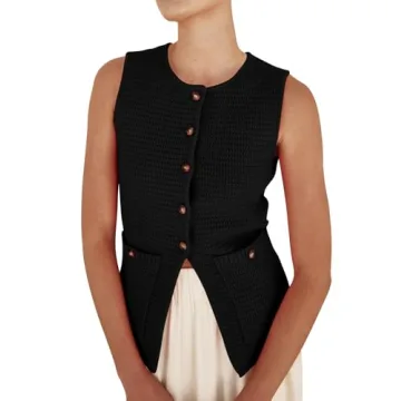 PEHMEA Women's Sleeveless Sweater Vest, Casual Knit Cardigan Button Down Tops for Women with Pockets(Black-M)