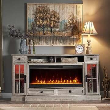 OKD Fireplace TV Stand for 80 Inch TV, Farmhouse Entertainment Center with 42" Fireplace & LED Lights, Modern Media Console Table with Storage Drawers & Cabinets for Living Room, Light Rustic Oak