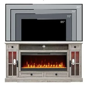 OKD Fireplace TV Stand for 80 Inch TV, Farmhouse Entertainment Center with 42" Fireplace & LED Lights, Modern Media Console Table with Storage Drawers & Cabinets for Living Room, Light Rustic Oak