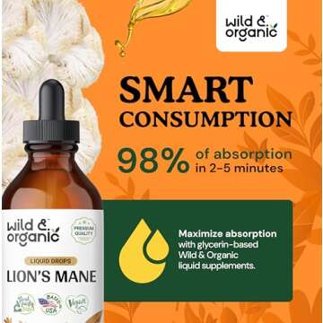 Wild & Organic Lions Mane Liquid Drops - Brain & Focus Support - Lion's Mane Mushroom Supplement - Hericium Erinaceus Mushroom Drops - Vegan, Sugar & Alcohol-Free Extract Tincture - 4 fl oz
