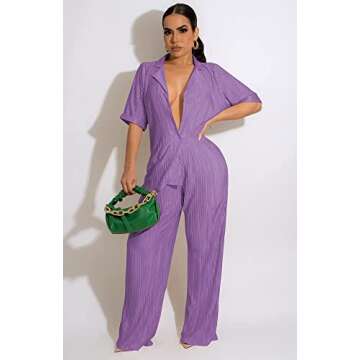 Halfword Women's 2 Piece Casual Pleated Outfits Short Sleeve Button Down Shirt High Waist Wide Leg T...