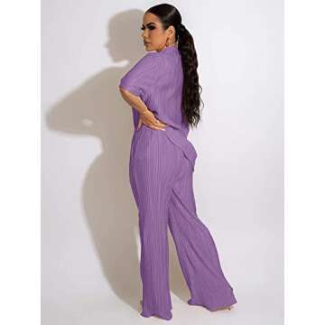 Halfword Women's 2 Piece Casual Pleated Outfits Short Sleeve Button Down Shirt High Waist Wide Leg Trouser Sets Suit Purple XXL
