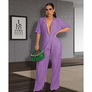 Halfword Women's 2 Piece Casual Pleated Outfits Short Sleeve Button Down Shirt High Waist Wide Leg Trouser Sets Suit Purple XXL