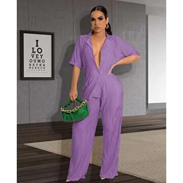 Halfword Women's 2 Piece Casual Pleated Outfits Short Sleeve Button Down Shirt High Waist Wide Leg Trouser Sets Suit Purple XXL