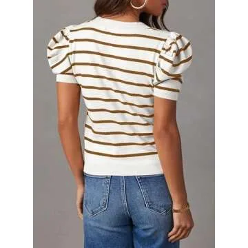 Dokotoo Womens Summer Tops 2025 Fashion Crew Neck Cute Striped Shirts Puff Short Sleeve Brown Stripe...