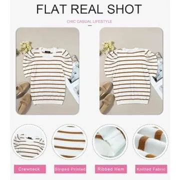Dokotoo Womens Summer Tops 2025 Fashion Crew Neck Cute Striped Shirts Puff Short Sleeve Brown Striped Dressy Casual Blouses Elegant Ribbed Knit Business Causal Clothes Medium