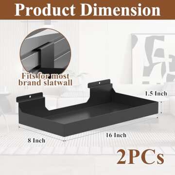 MQKIWAO 2 Pcs 16X8 Inch Slatwall Shelves, Heavy Duty Slatwall Baskets, Metal Slat Wall Shelves Acces...
