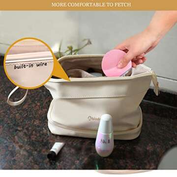 Abiudeng Double Layer Makeup Bag,Travel Makeup Bag,Large Capacity Travel Cosmetic Bag,Toiletry Bag for Women,Checkered Makeup Bag,Portable Leather Toiletry Bag,Luxury Makeup Bag-White…