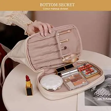 Abiudeng Double Layer Makeup Bag,Travel Makeup Bag,Large Capacity Travel Cosmetic Bag,Toiletry Bag for Women,Checkered Makeup Bag,Portable Leather Toiletry Bag,Luxury Makeup Bag-White…