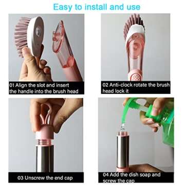 All-in-one Dish Brush with Soap Dispenser, with 4 Replacement Brush Heads Kitchen Dish Scrub Brush with Base Kitchen Cleaning Brush with Soap Dispenser for Pot Pan Sink Cleaning(Pink)¡­