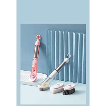All-in-one Dish Brush with Soap Dispenser, with 4 Replacement Brush Heads Kitchen Dish Scrub Brush with Base Kitchen Cleaning Brush with Soap Dispenser for Pot Pan Sink Cleaning(Pink)¡­