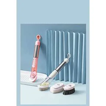 All-in-one Dish Brush with Soap Dispenser, with 4 Replacement Brush Heads Kitchen Dish Scrub Brush with Base Kitchen Cleaning Brush with Soap Dispenser for Pot Pan Sink Cleaning(Pink)¡­