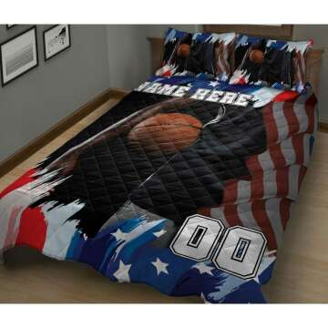 Custom Basketball American Flag Quilt & Pillowcase Set