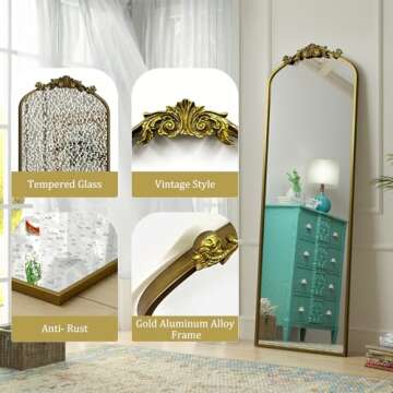 SMIROR Gold Arched Full Length Mirror 71x32, Baroque Inspired Vintage Body Mirror for Wall, Ornate F...