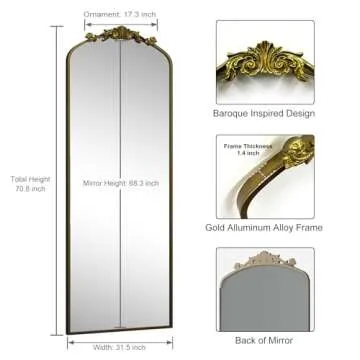 SMIROR Gold Arched Full Length Mirror 71x32, Baroque Inspired Vintage Body Mirror for Wall, Ornate Floor Mirror for Dressing, Shatter-Proof and Anti-Rust