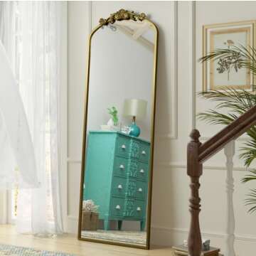 SMIROR Gold Arched Full Length Mirror 71x32, Baroque Inspired Vintage Body Mirror for Wall, Ornate Floor Mirror for Dressing, Shatter-Proof and Anti-Rust