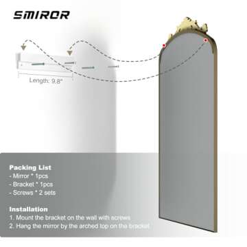 SMIROR Gold Arched Full Length Mirror 71x32, Baroque Inspired Vintage Body Mirror for Wall, Ornate Floor Mirror for Dressing, Shatter-Proof and Anti-Rust