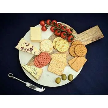 16" x 12" White Marble and Mango Wooden Cheese Board & Knife Set