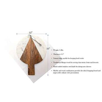 16" x 12" White Marble and Mango Wooden Cheese Board & Knife Set
