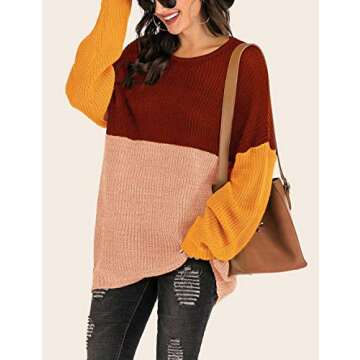 MUMUBREAL Women's Oversized Sweaters Color Block Drop Shoulder Batwing Sleeve Long Pullover Sweater Dress (Red Pink, S)
